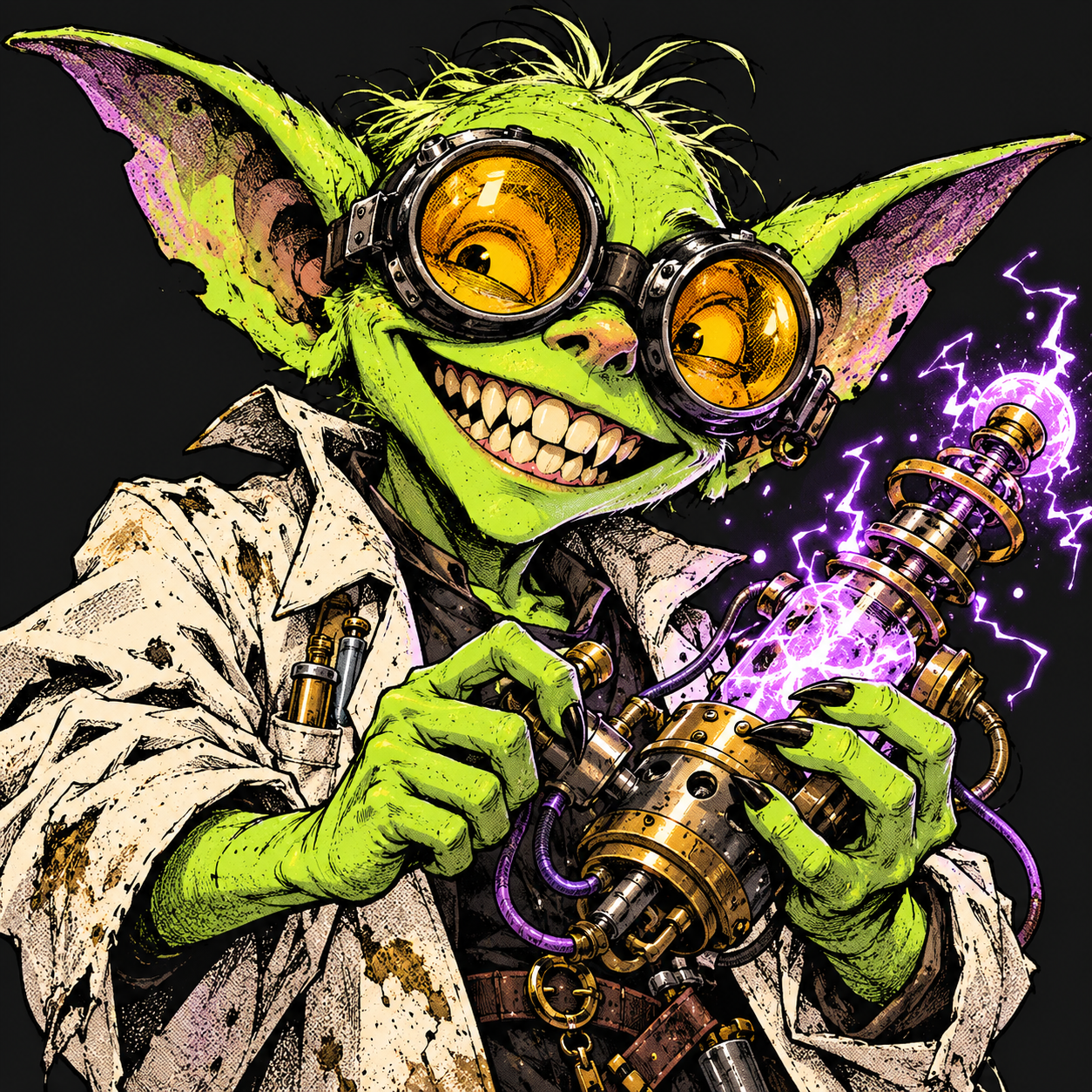 A mischievous green goblin inventor wearing oversized laboratory goggles